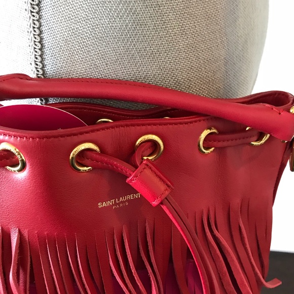 YSL-Red Tricolor Emmanuelle Fringe Bucket Bag - Picture 2 of 8